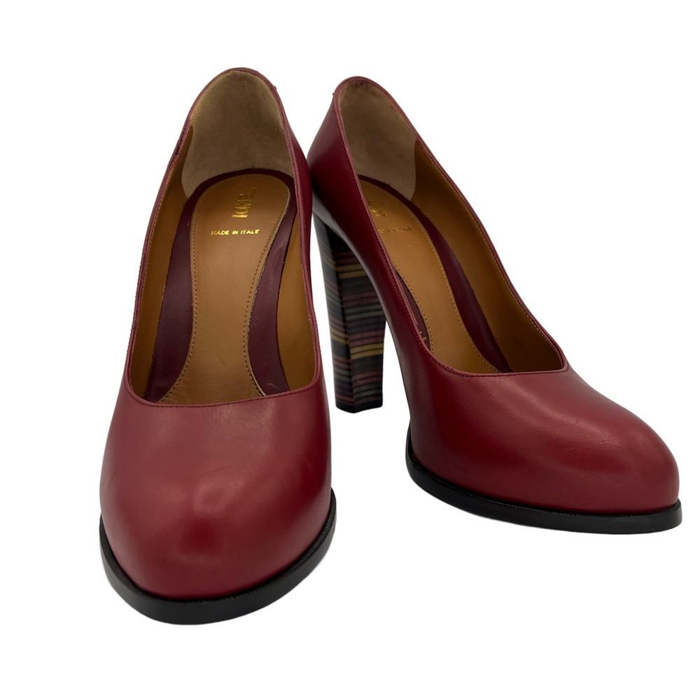 NWOT FENDI Oxblood Leather Pumps w Striped Stack Heel - Picture 4 of 16